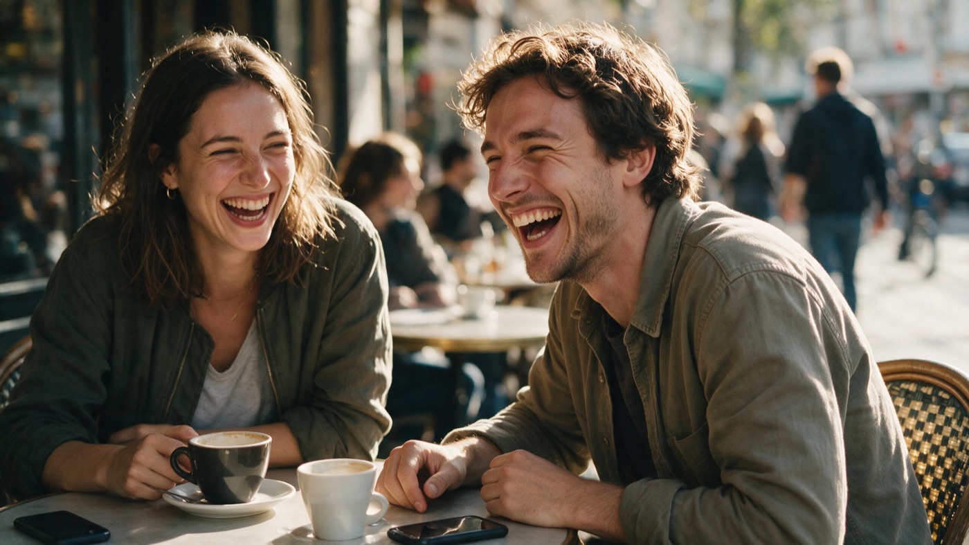 Zwei Freunde lachen gemeinsam im Straßencafé