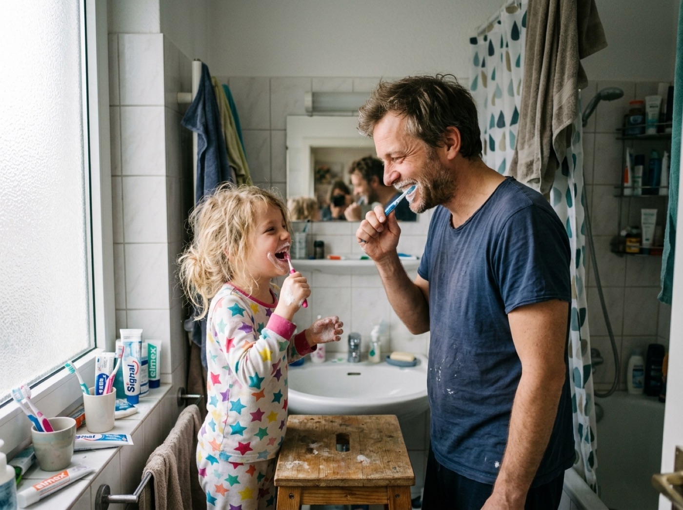 Vater und Tochter beim gemeinsamen Zähneputzen